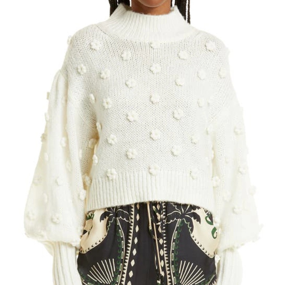 Farm Rio Floral Applique Lantern-Sleeve Sweater
